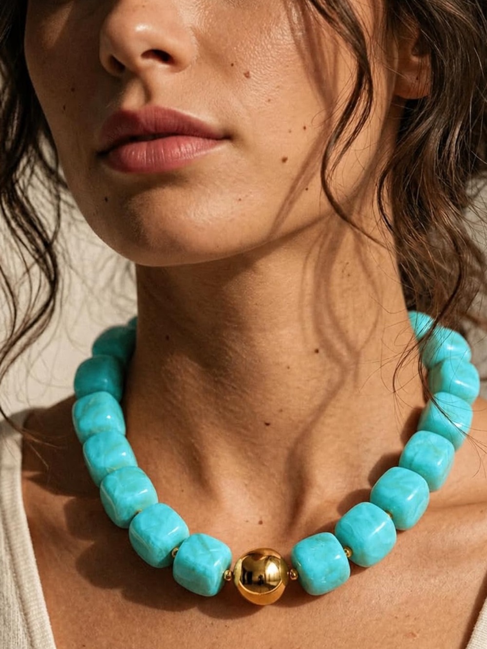 Turquoise Chunky Bead Necklace with Gold Accent - Women Jewelry